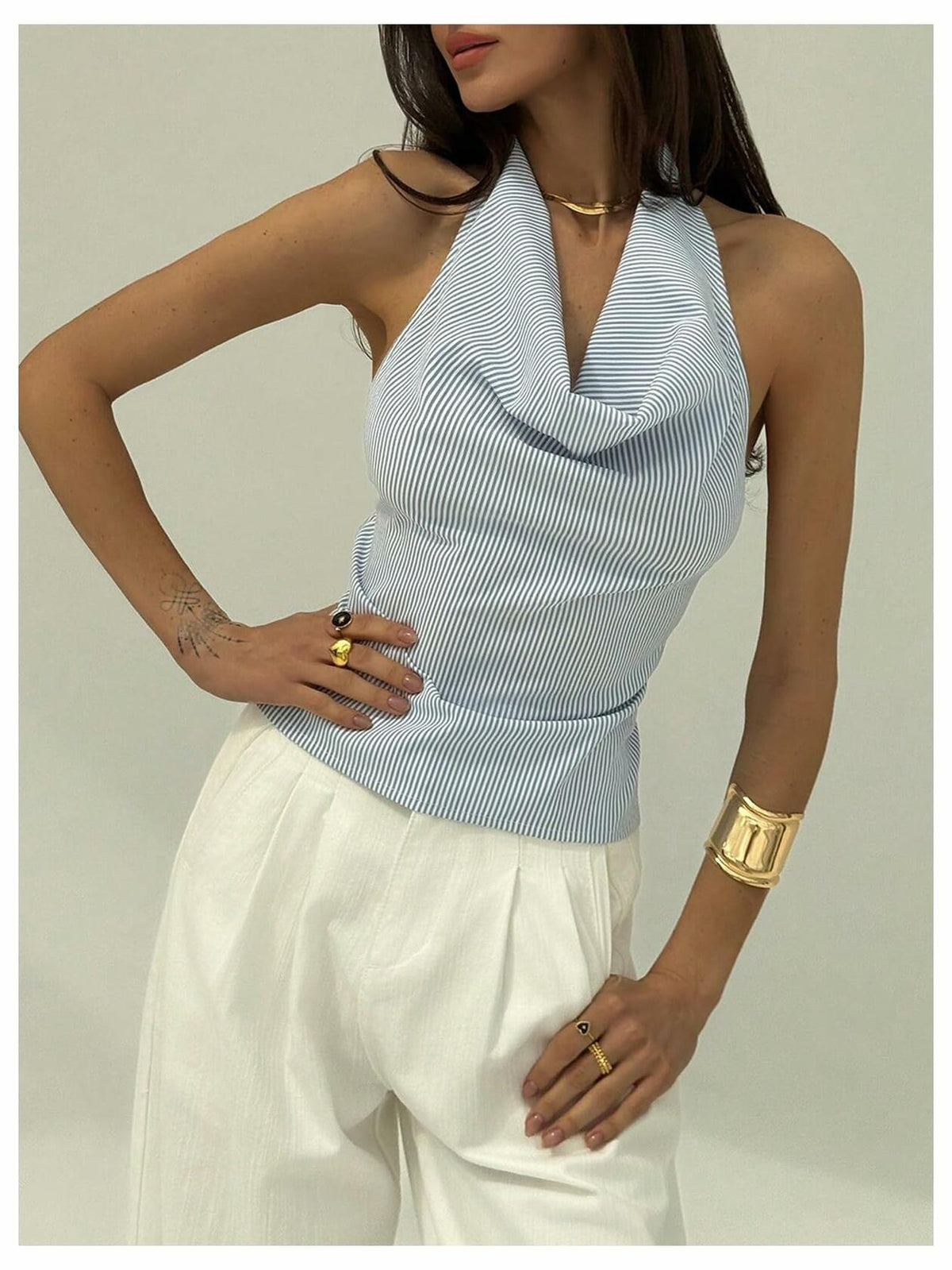 SOLY HUX Women's Striped Deep V Neck Bow Tie Backless Halter Top Blue Size S