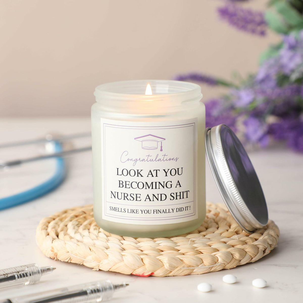 Conelist Nurse Graduation Scented Soy Candle Lavender 7oz Medical Theme