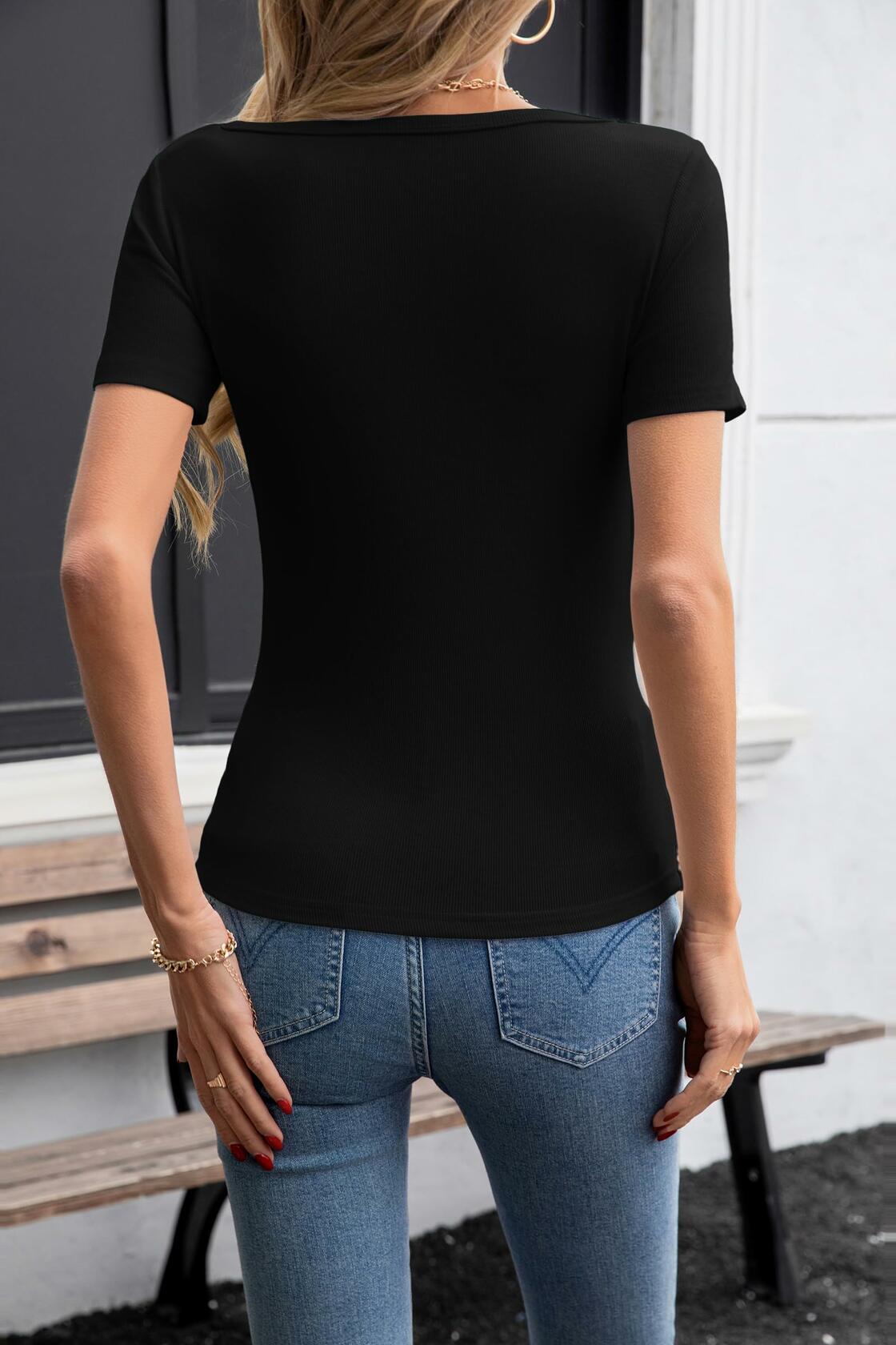 SANDERY Womens Slim Fit Ribbed T-Shirt Asymmetrical Neck Black Size M
