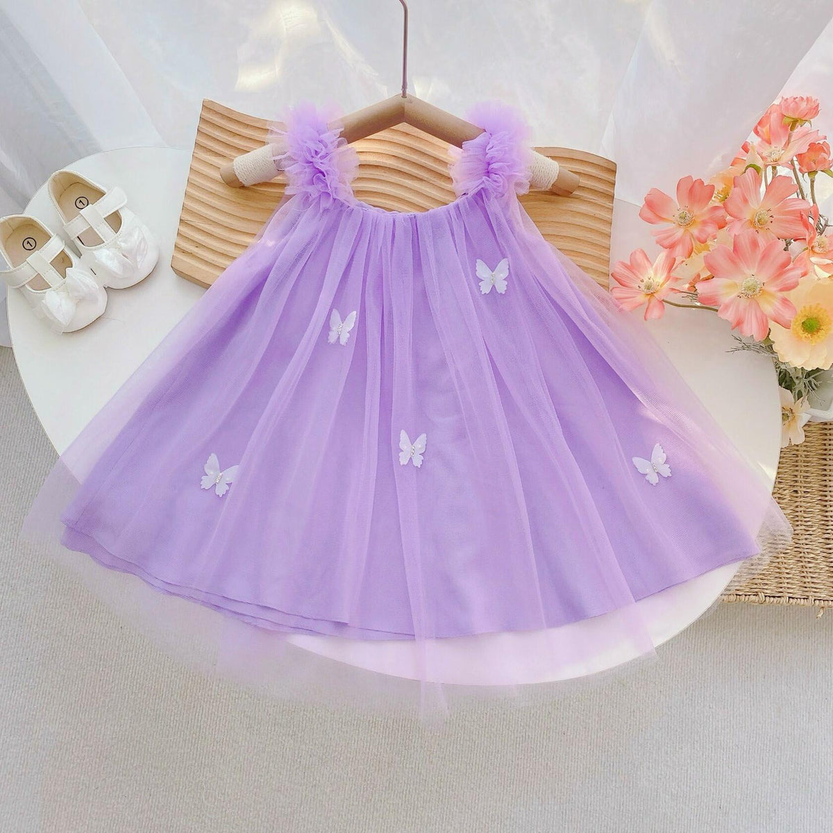 QB Baby Girl Dress Vintage Lace Collar Tulle Skirt Purple Butterfly 12M