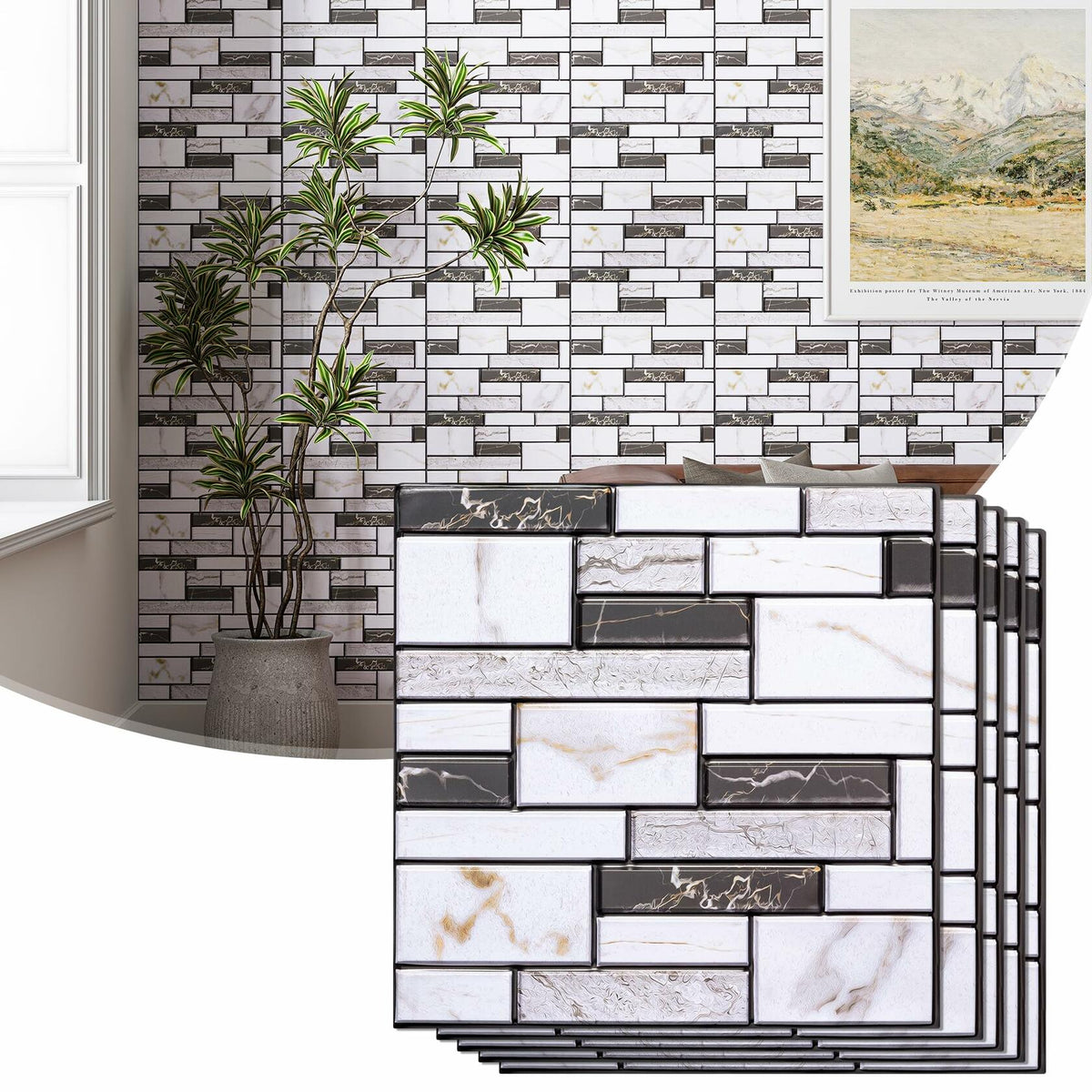 VallisCo 3D Faux Brick Wall Panel 12x12 Black White Marble 10 Pcs PVC
