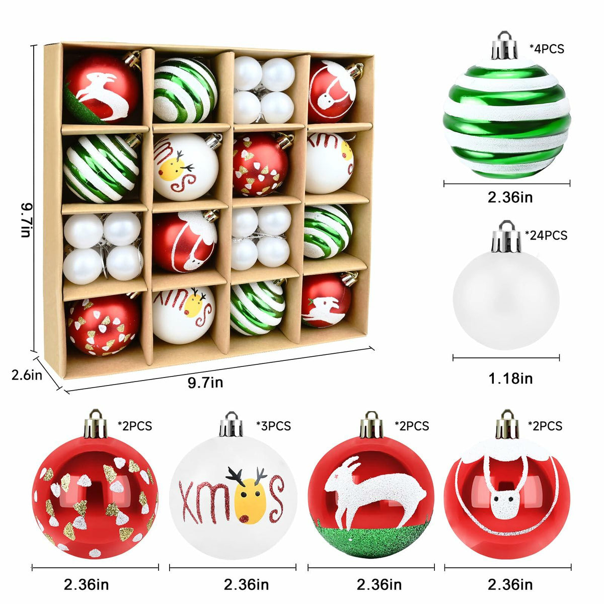 yintok Christmas Ornaments Balls 37ct 2.36" & 1.18" Red Green White Xmas