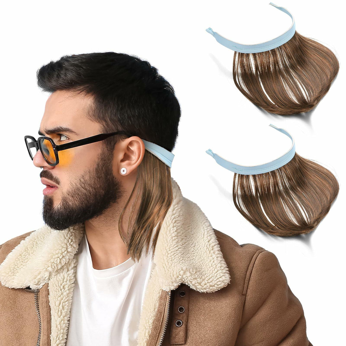 Suncalla 2 Pcs Mullet Wig Eyewear Retainer Light Brown Funny Party Cosplay