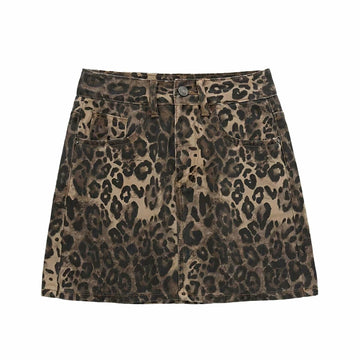 TYSSEDAL Women's Leopard Print Denim Mini Skirt High Waisted Small