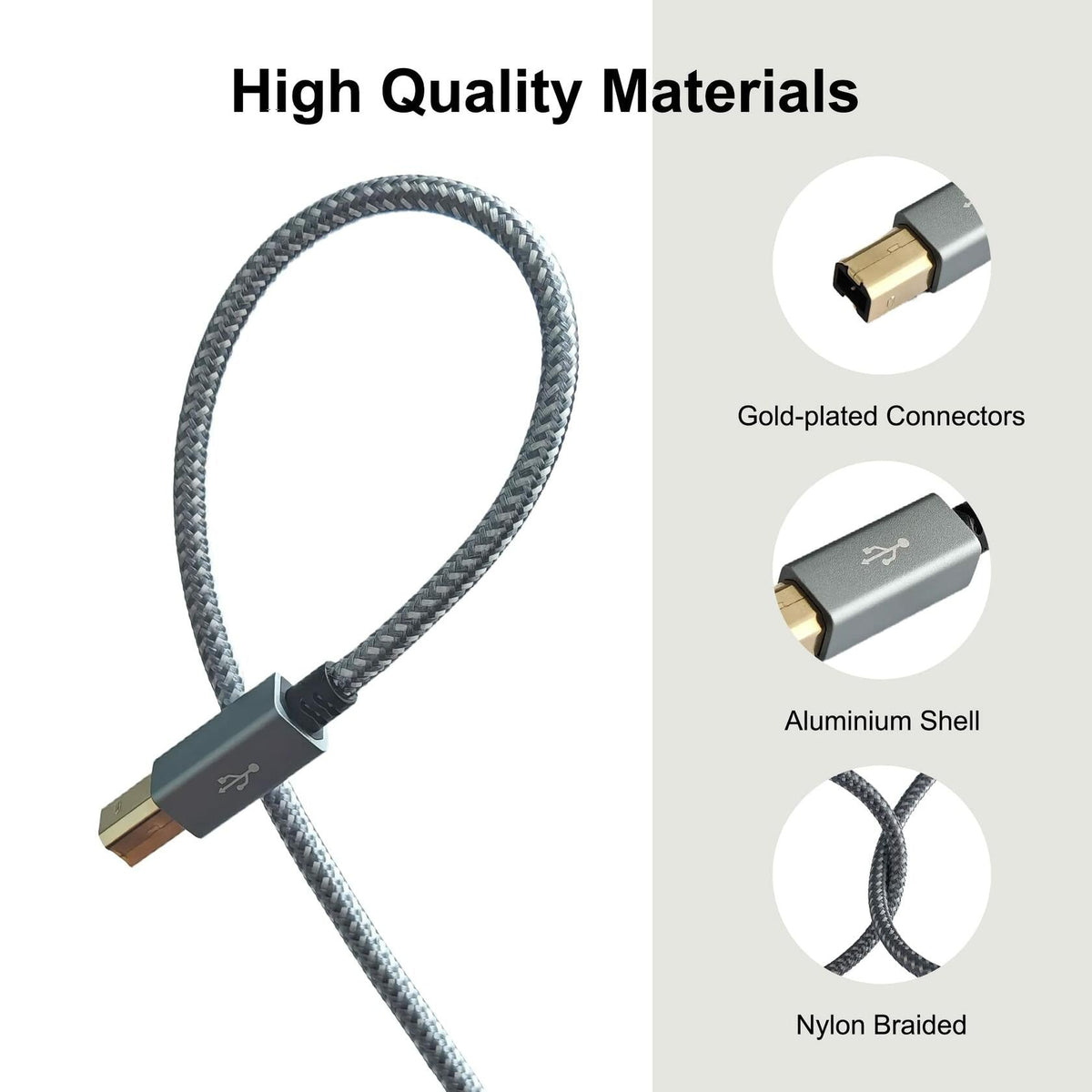 Delca 6ft Nylon Braided USB 2.0 Printer Cable Type A to B Gray