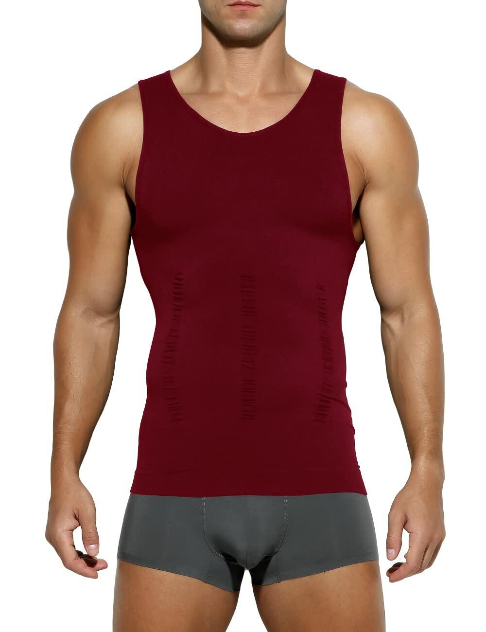 Casey Kevin Men’s Sleeveless Compression Shirt – Shapewear Vest Small, Wine Red