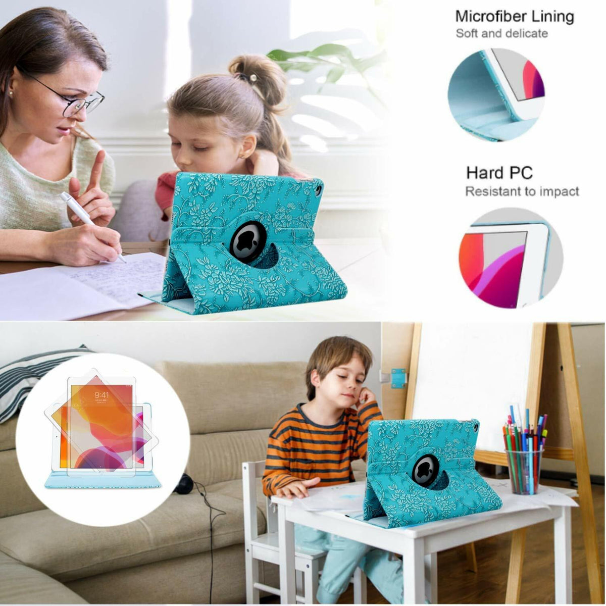 iPad Pro 12.9" 6th Gen Case with Rotating Stand & Auto Sleep/Wake – Blue Flowers