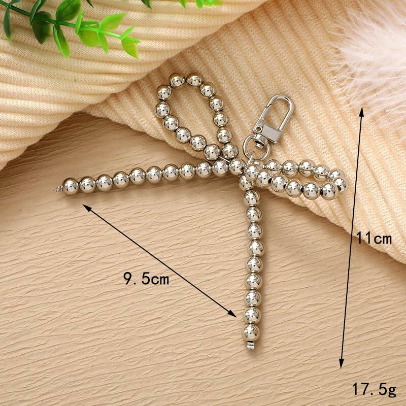 WJR Pearl Bow Bead Keychain Charm Elegant Bowknot Keyring Silver
