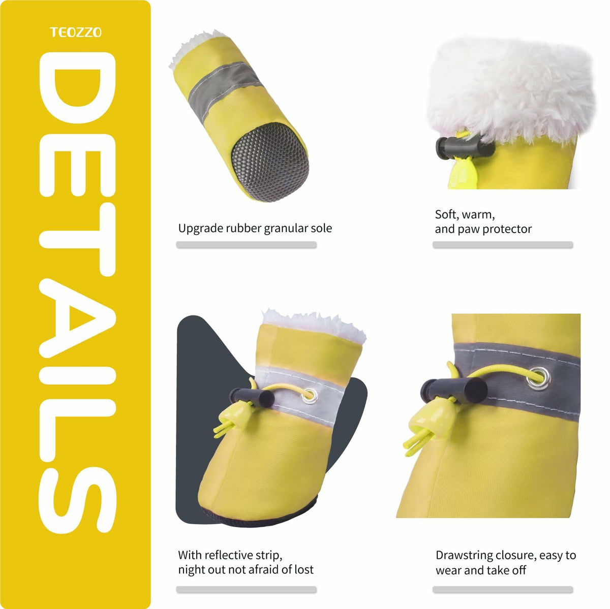 TEOZZO Dog Boots Warm Puppy Paw Protector Reflective Strip Size 6 Yellow 4PCs