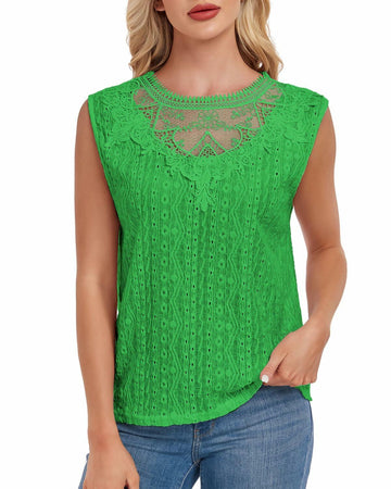 AGWISH Women High Neck Lace Tank Top Sleeveless Rib Summer Medium Green