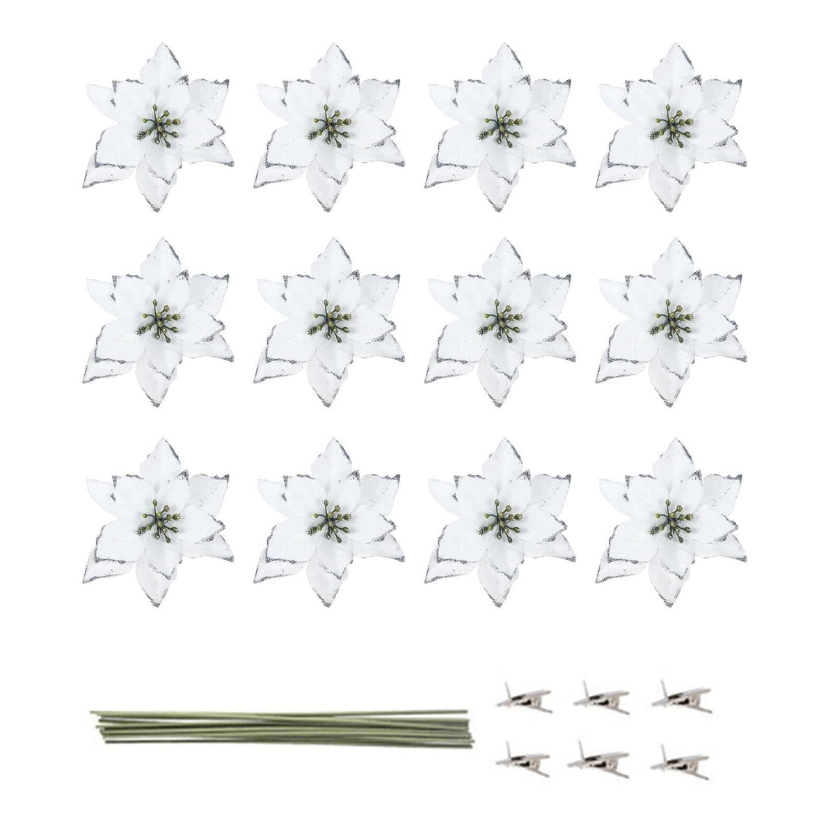 KEPATO Christmas Glitter Poinsettia Christmas Tree Ornaments Pack of 12 (White)