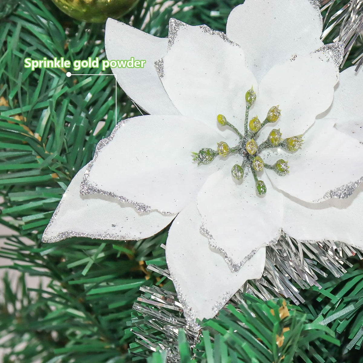 KEPATO Christmas Glitter Poinsettia Christmas Tree Ornaments Pack of 12 (White)