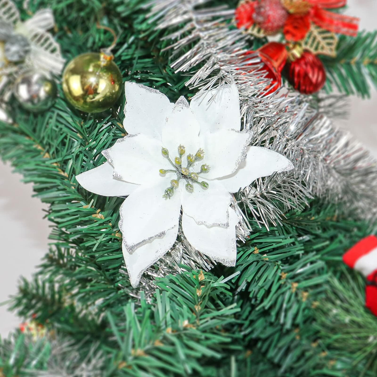 KEPATO Christmas Glitter Poinsettia Christmas Tree Ornaments Pack of 12 (White)