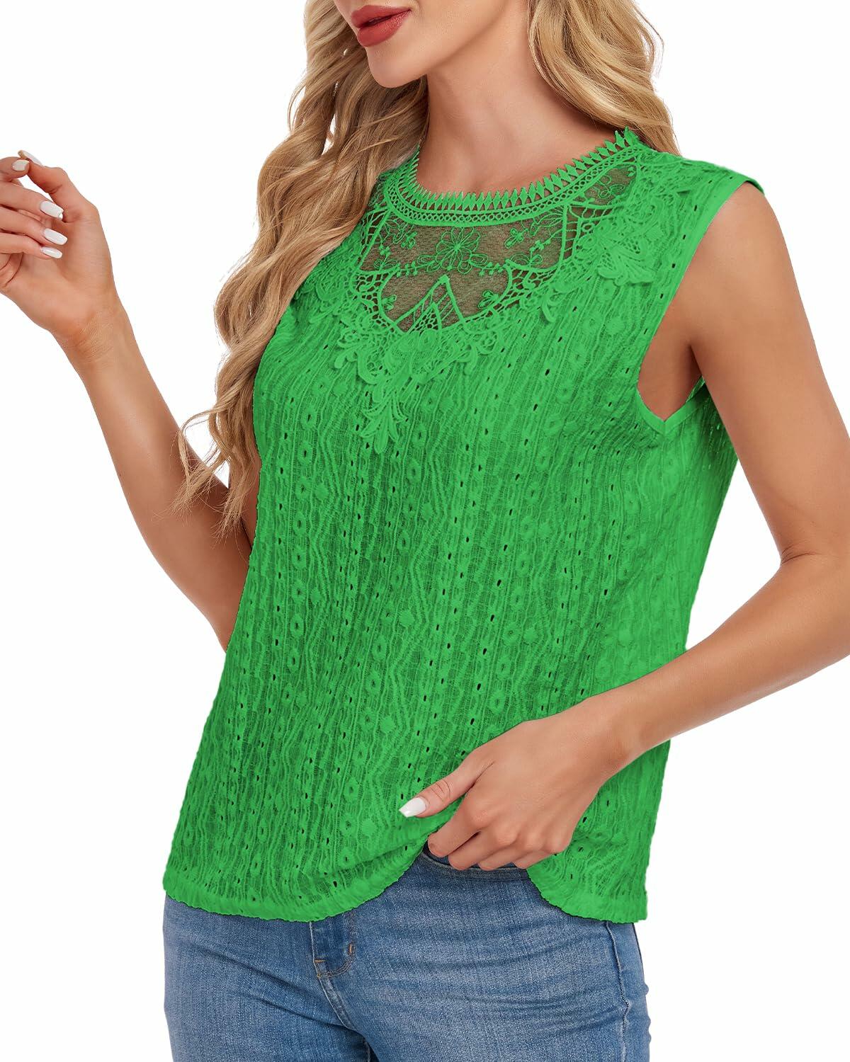 AGWISH Women High Neck Lace Tank Top Sleeveless Rib Summer Medium Green