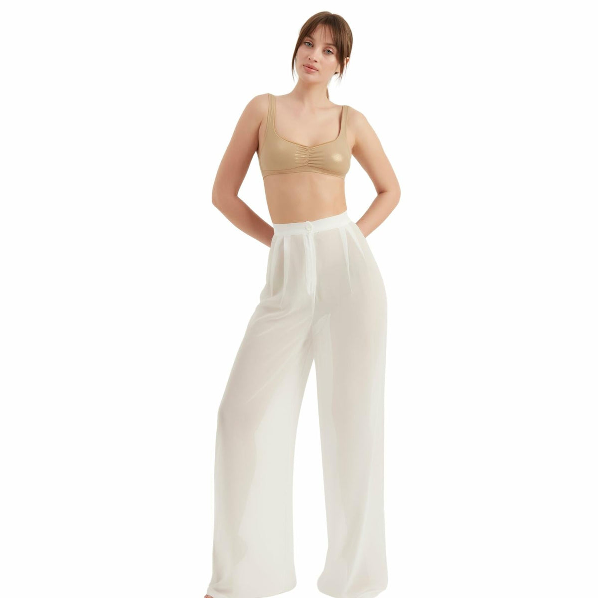 TUBANUR Women’s Chiffon Wide Leg Pants High Waist Palazzo Summer White XS