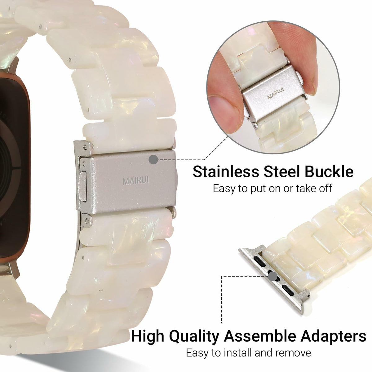 MAIRUI Resin Watch Band for Apple Watch 38-41mm Series 1-9 SE Iridescent White