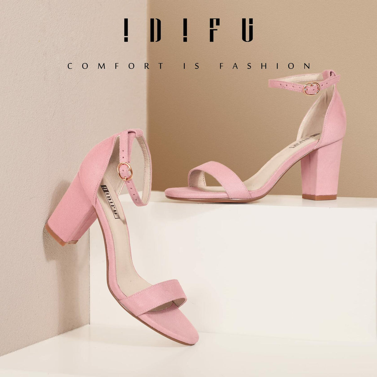 IDIFU Cookie-MI 3" Block Heel Sandals Pink Suede Open Toe Women US 8 B(M)