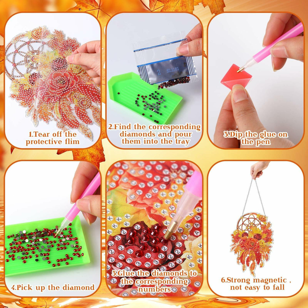 Saillong Fall Thanksgiving Diamond Art Suncatcher Pumpkin Hanging Decor 2PCS