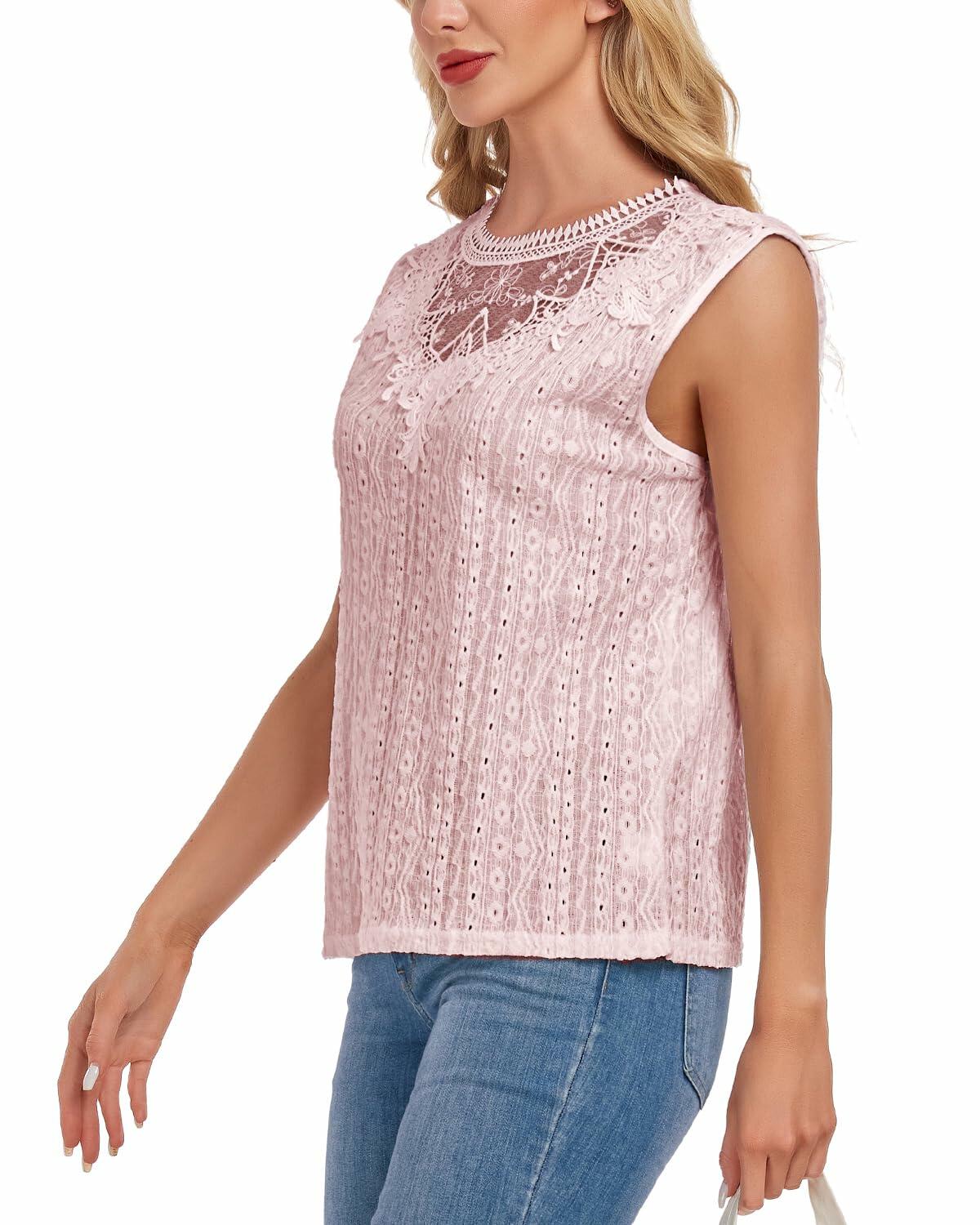 AGWISH Women’s Sleeveless Ruffle Lace Blouse Semi Sheer Floral Light Pink XL