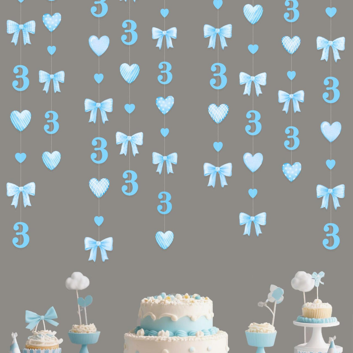 40Ft Blue 3rd Birthday Bow Garland Banner Heart Streamer Party Decor