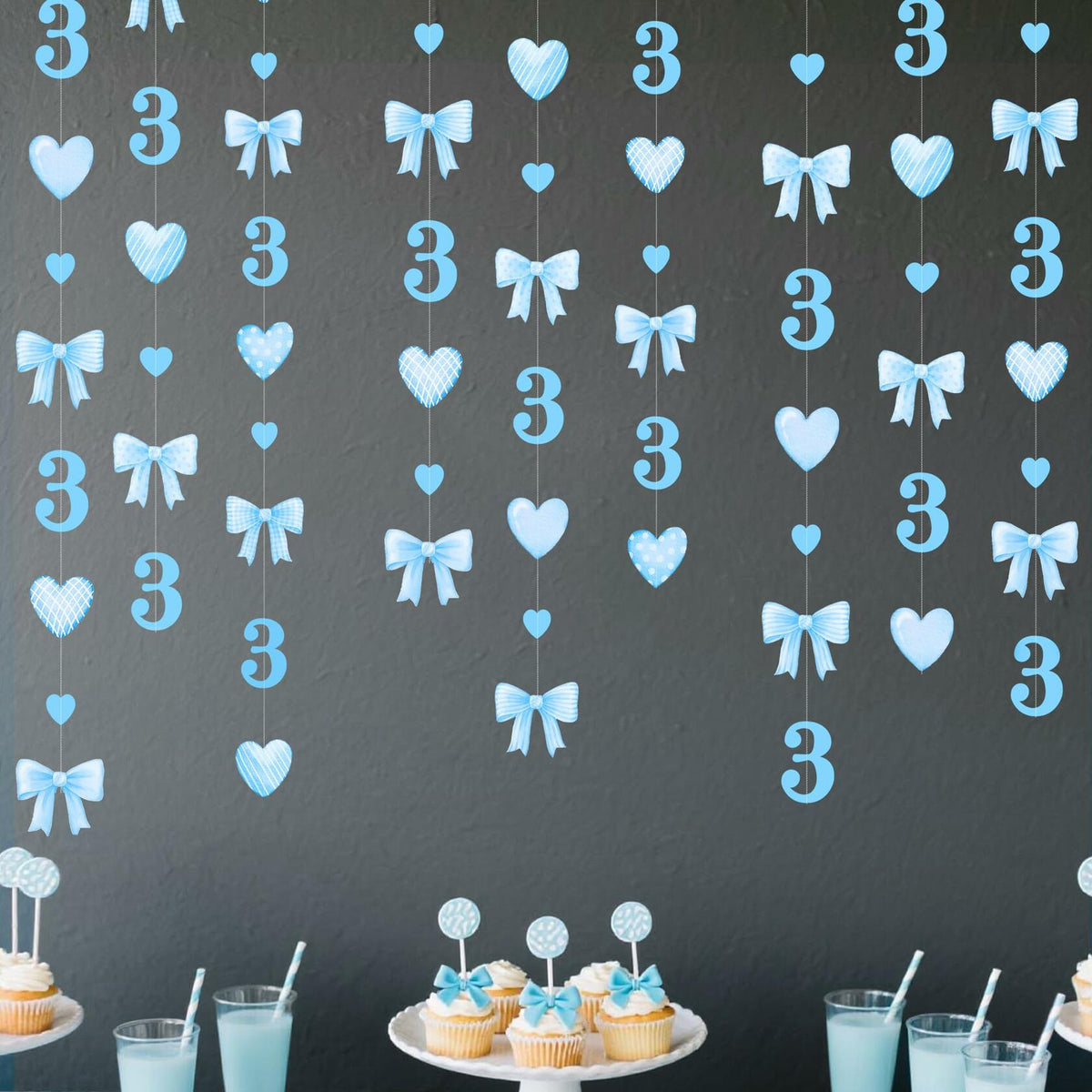 40Ft Blue 3rd Birthday Bow Garland Banner Heart Streamer Party Decor