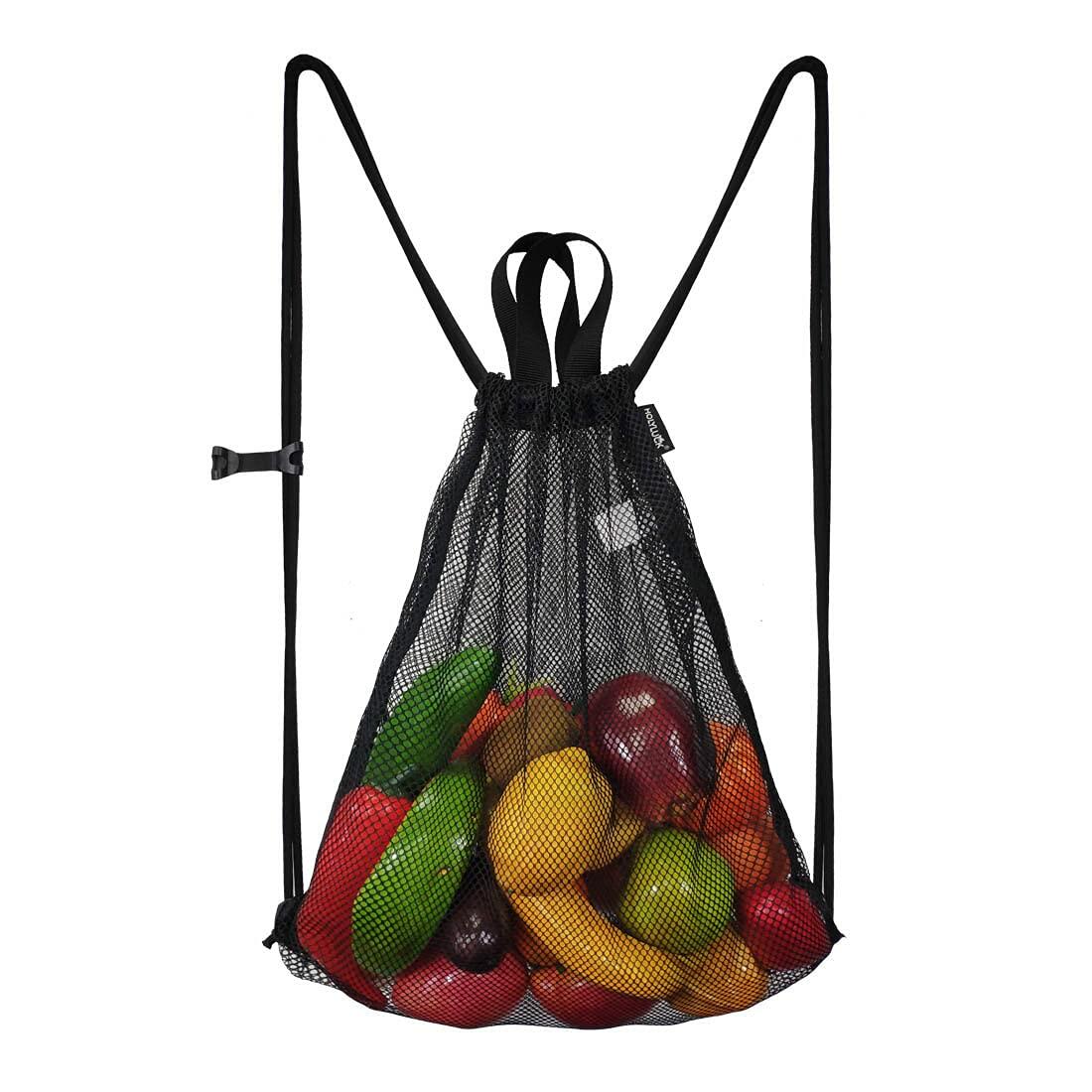 HOLYLUCK Mesh Drawstring Bag for Swimming Beach Camping Black 1pc