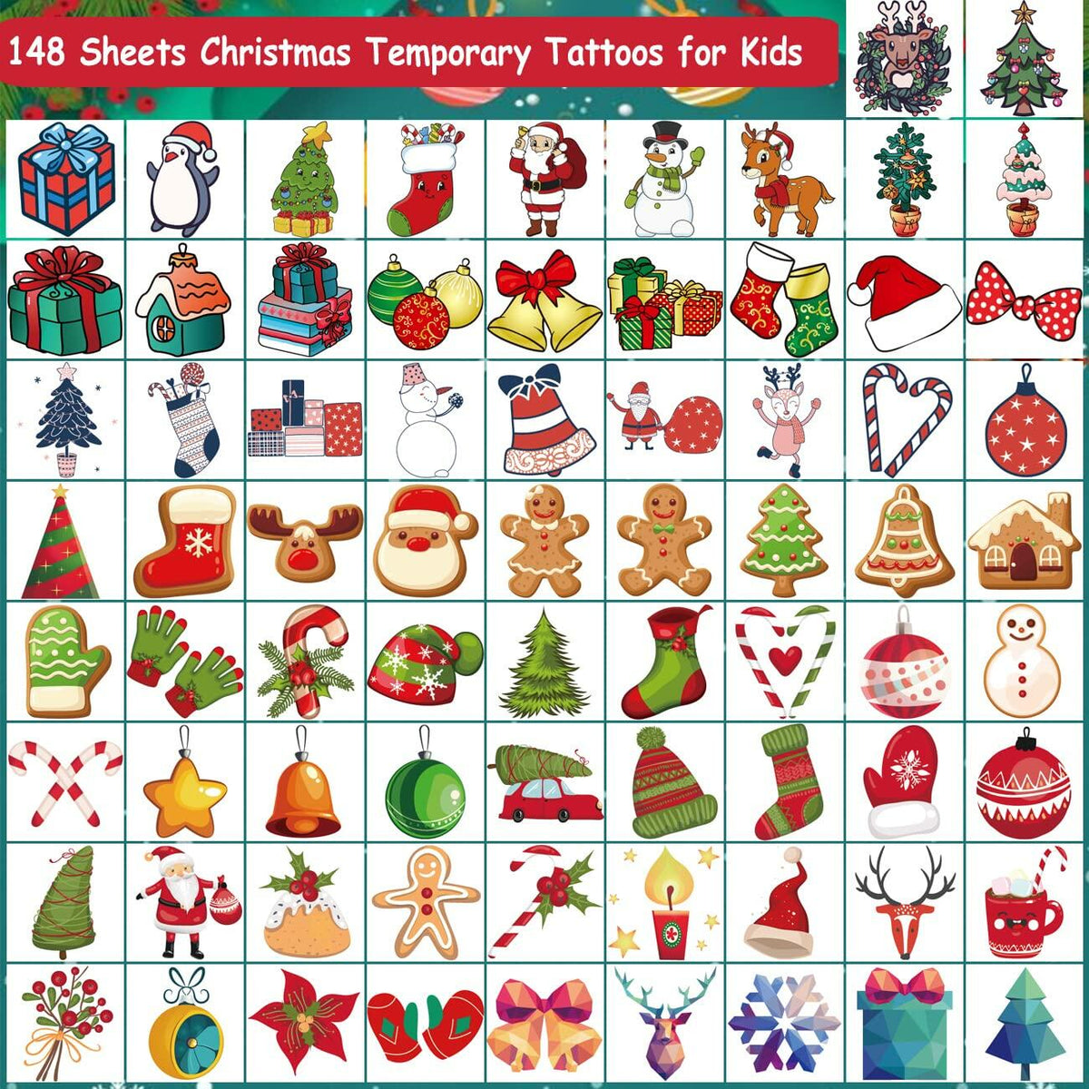CHARLENT 148pcs Christmas Temporary Tattoos for Kids Xmas Party Favors