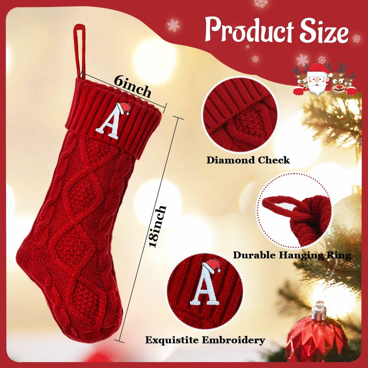 CRSTAFU Personalized Christmas Stocking 20” Red Monogram Embroidered