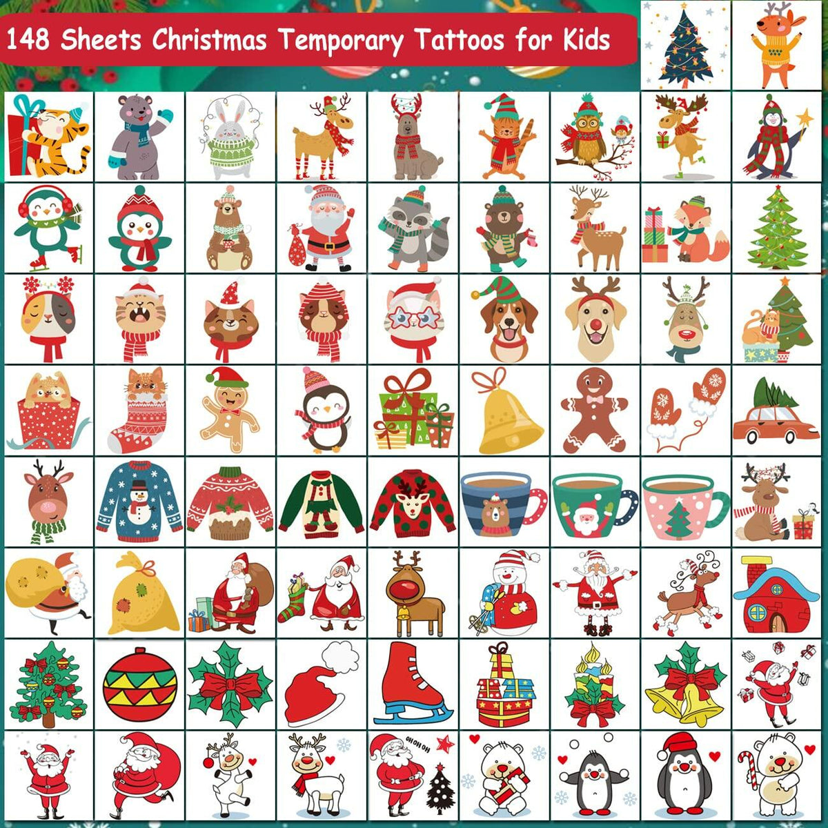 CHARLENT 148pcs Christmas Temporary Tattoos for Kids Xmas Party Favors