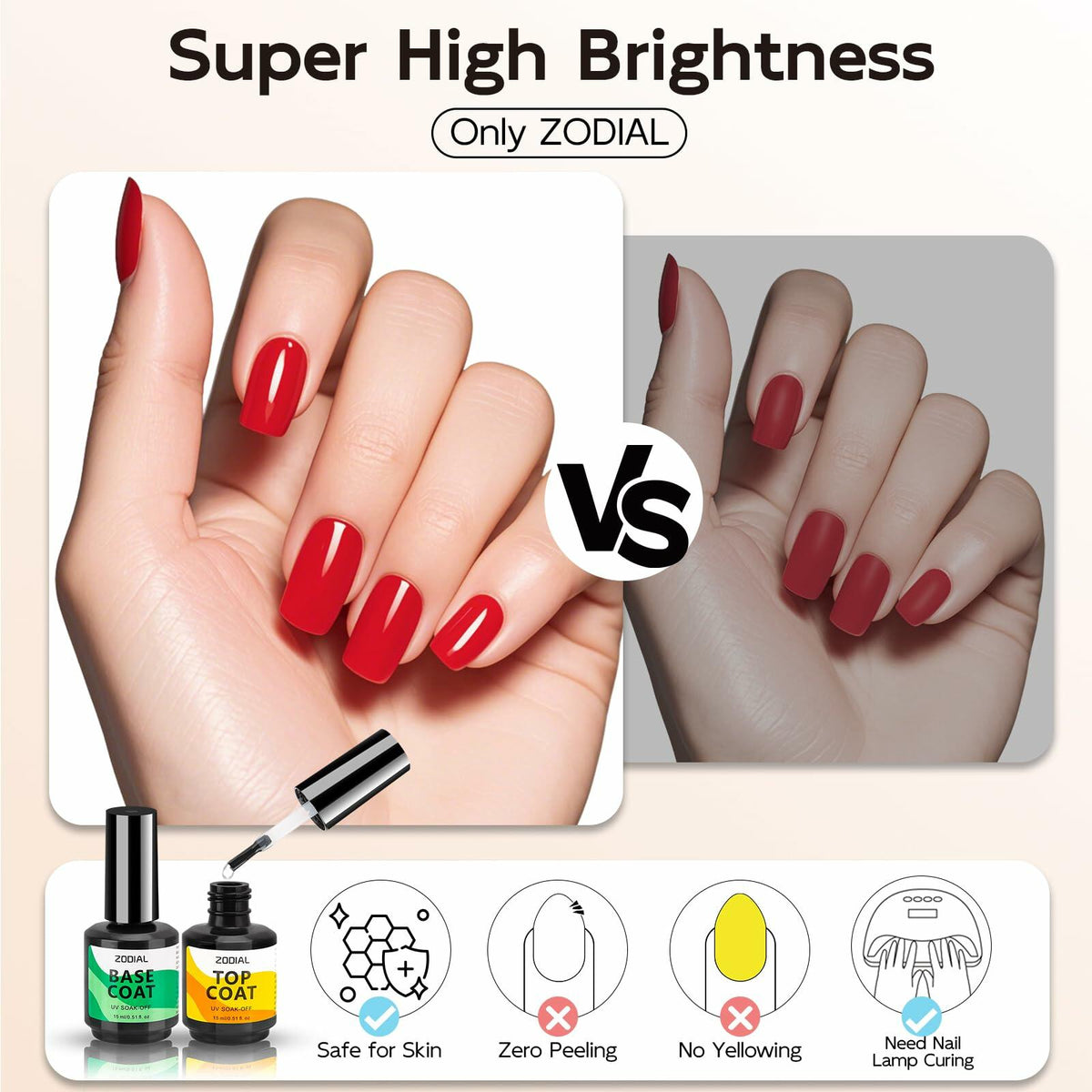 ZODIAL Gel Base & Top Coat Set 0.51oz No Wipe High Glossy Finish 2Pcs