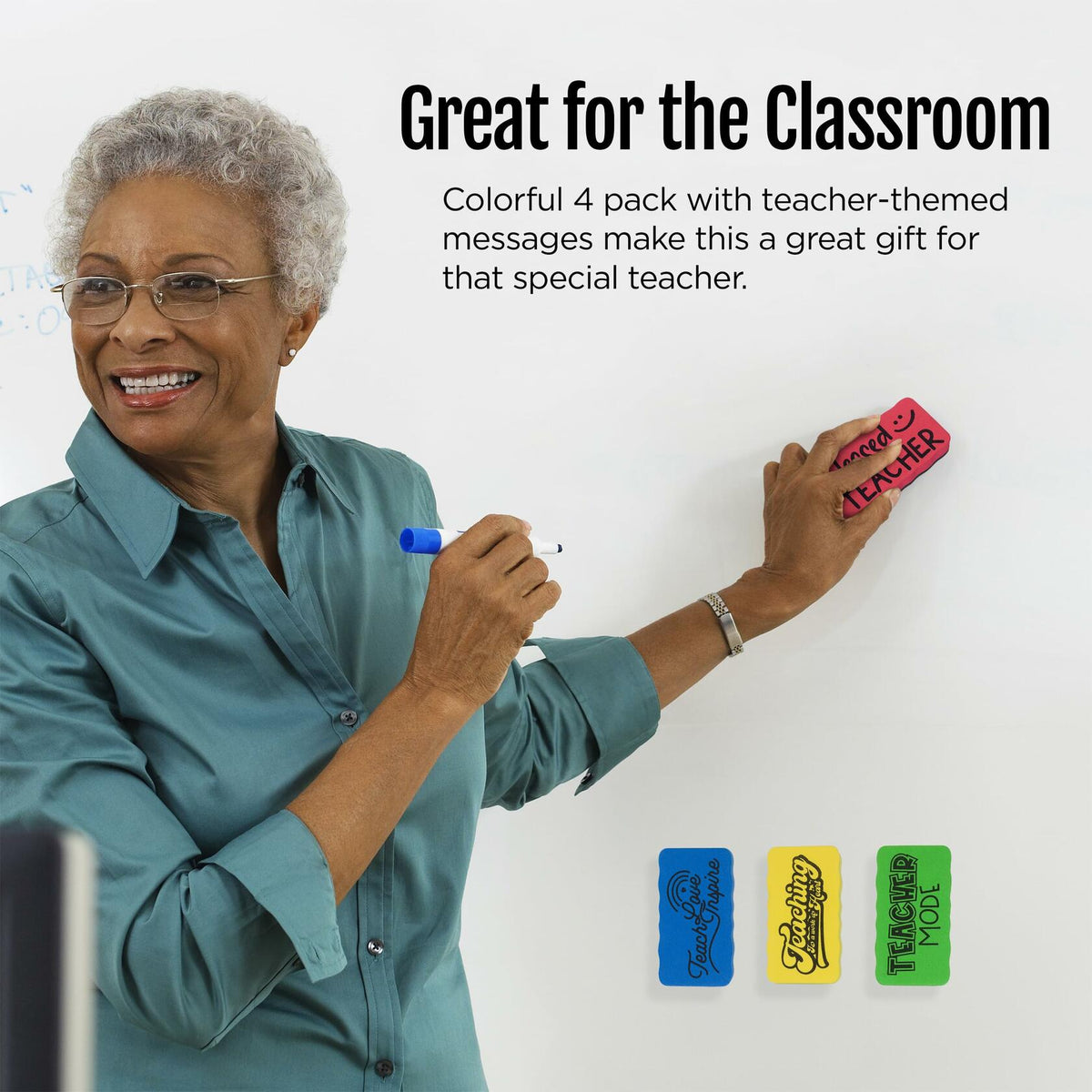 Magnetic Whiteboard Dry Erasers 4-Pack Colorful Classroom Teacher Essentials