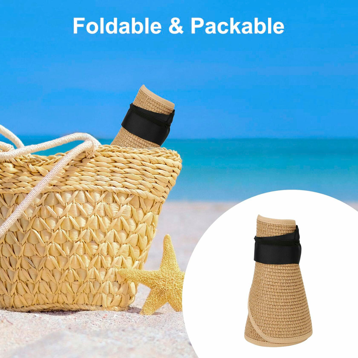 Wide Brim Straw Sun Hat Women Summer Beach Vacation Foldable Coffee Ribbon
