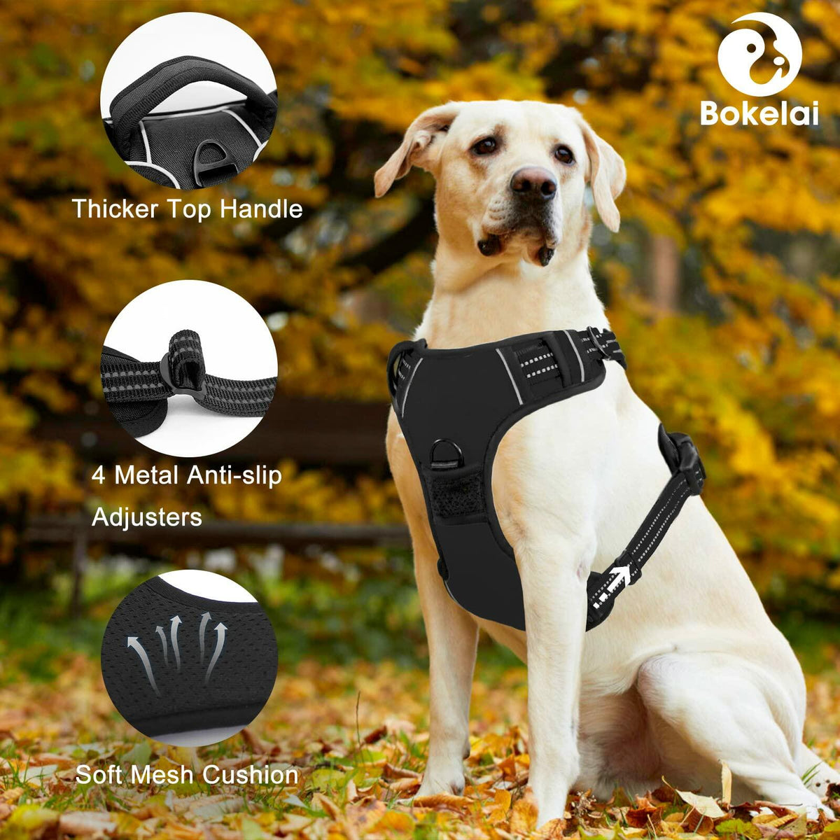 No Pull Dog Harness Adjustable Reflective Front Clip Padded Black Size L