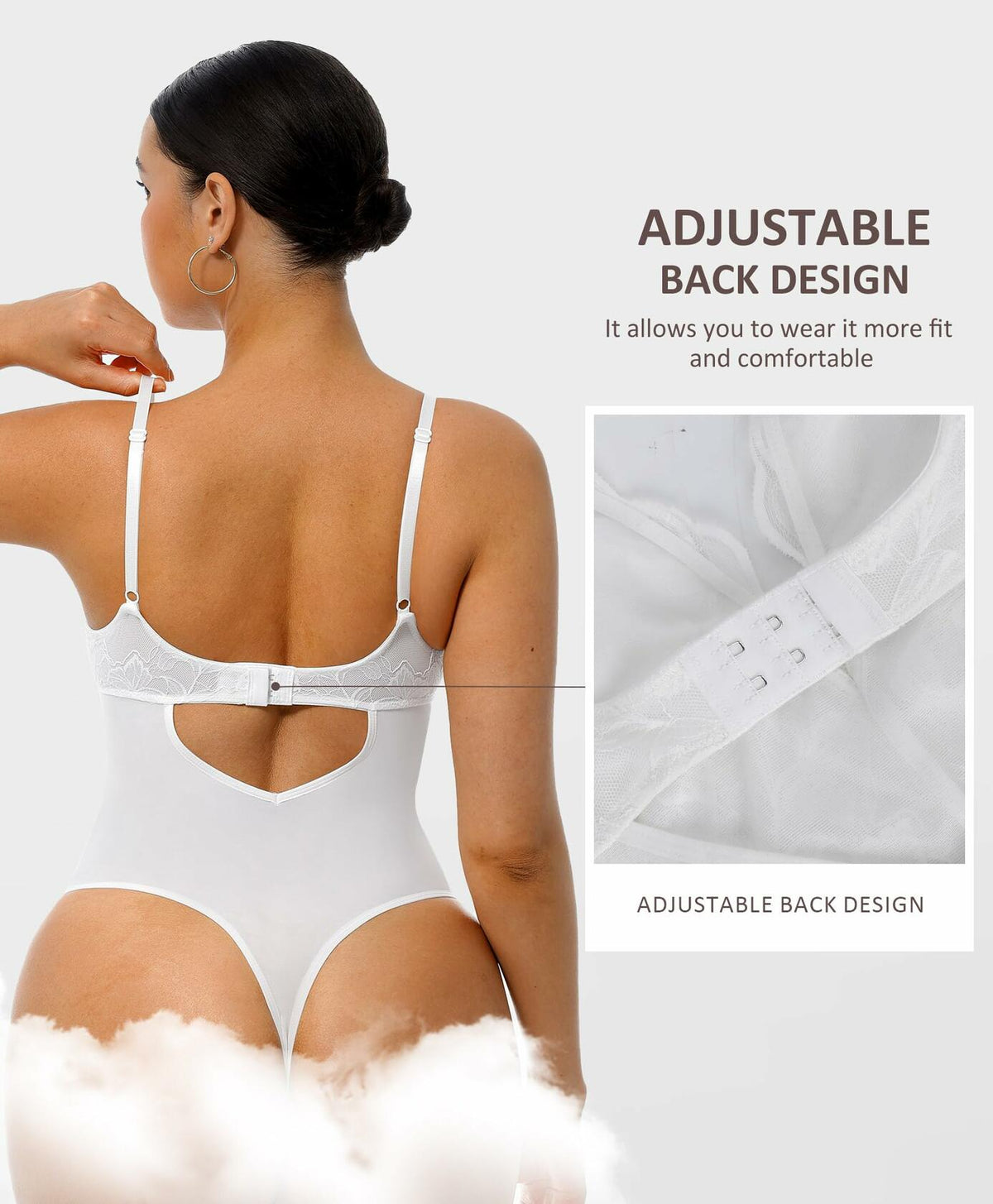FeelinGirl Shapewear Tummy Control Lace Bodysuit V Neck Low Back White Size S