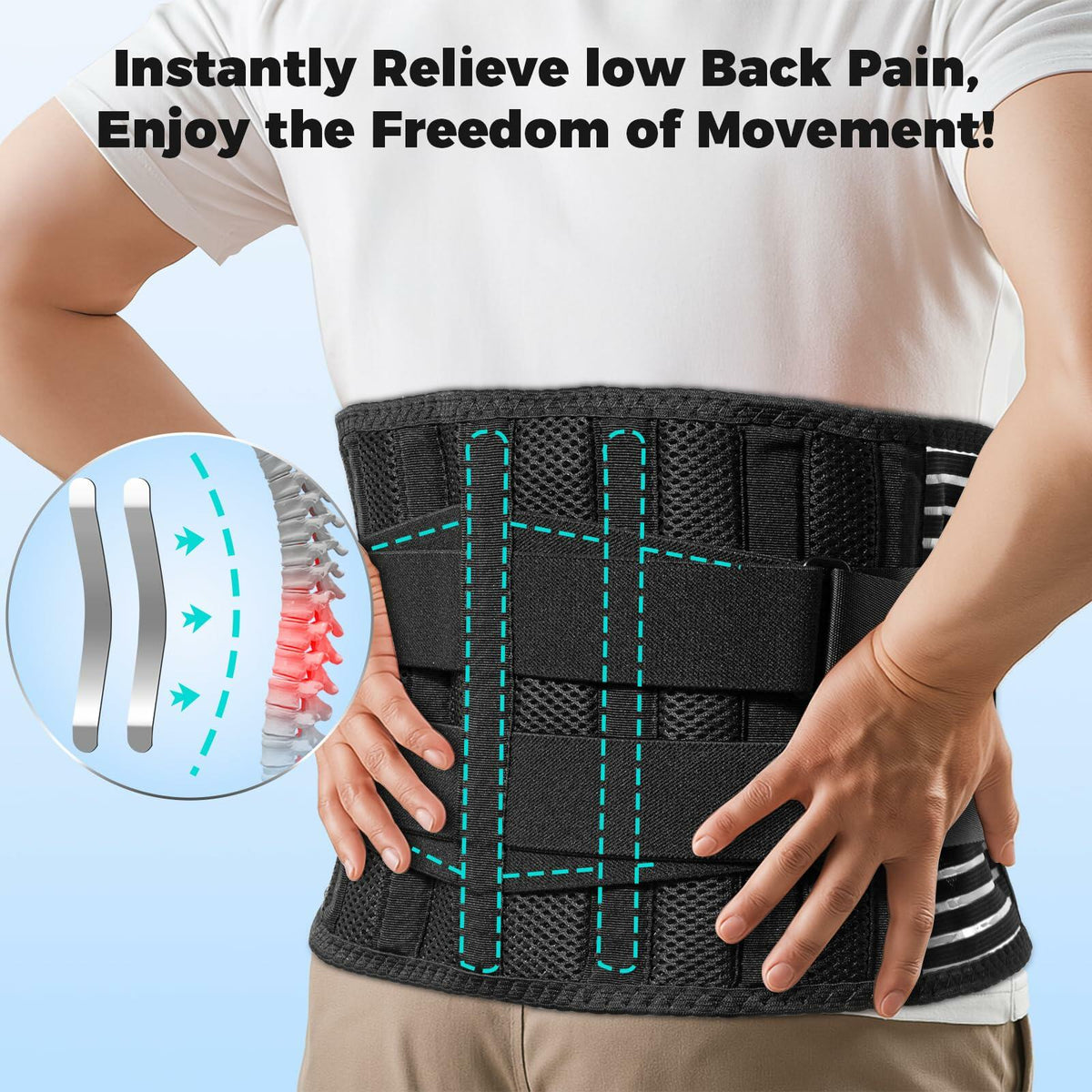 Ebullient Assimilate Back Brace Adjustable Lumbar Support Belt Black Size M