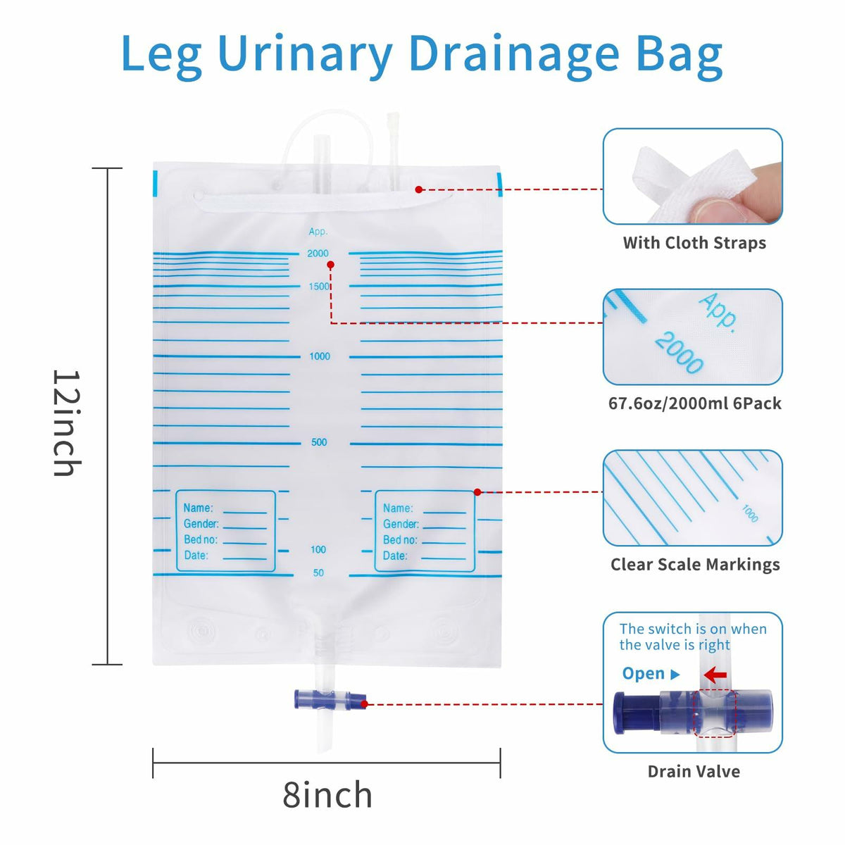 Plus tard 6Pack Catheter Urine Bags 67.6oz 2000ml White with Cloth Straps
