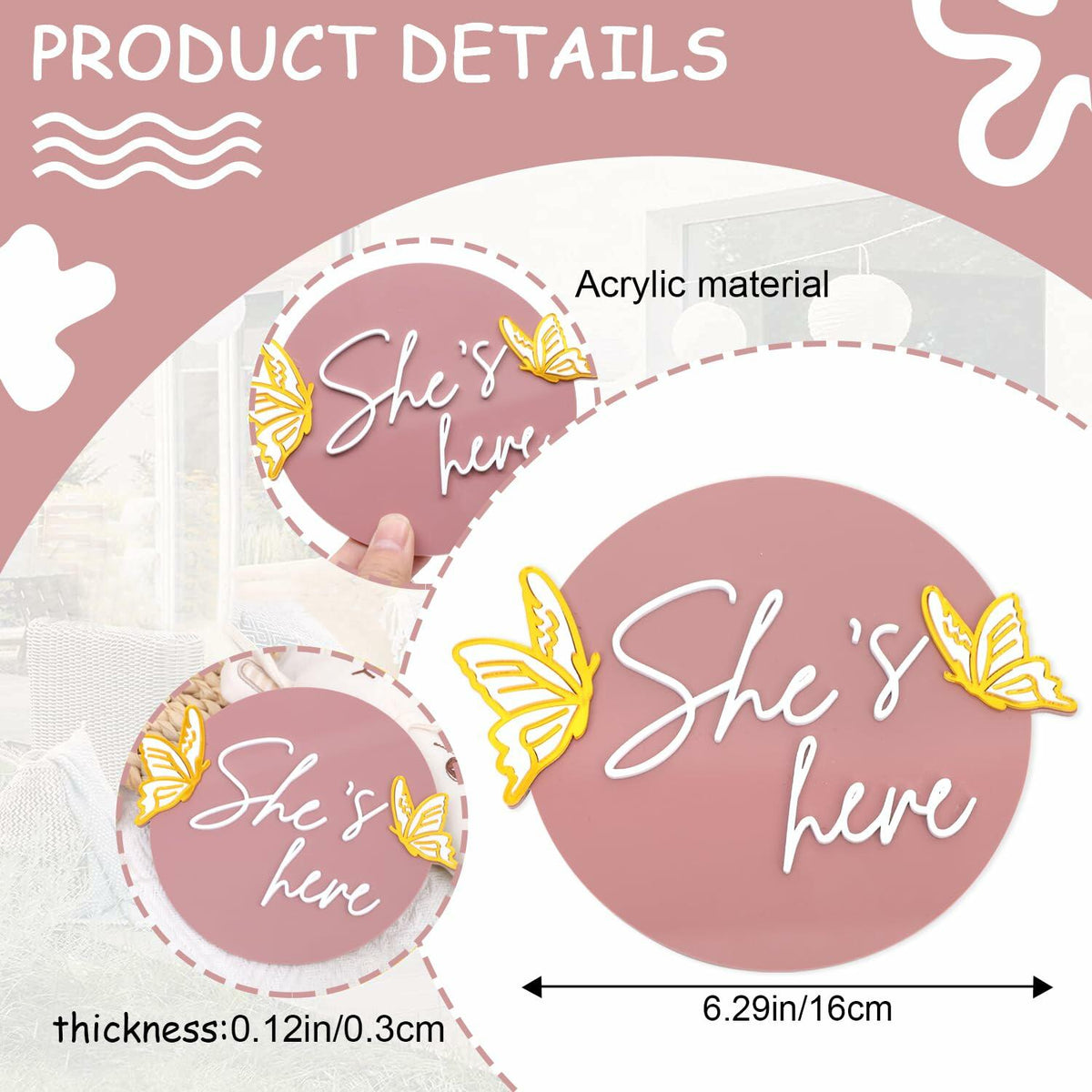 WAWUO She's Here Milestone Board Butterfly Gender Reveal Party Decor Acrylic