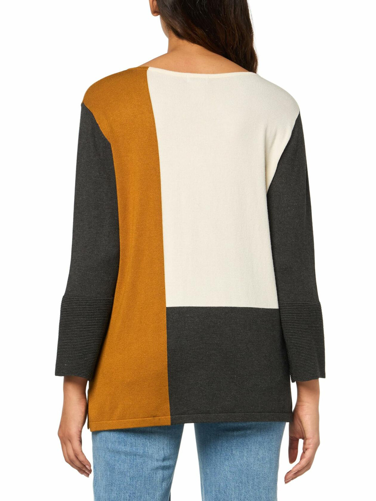 Three Quarters Sleeves Jewel Neck Color Block Sweater Top Multicolor Size L