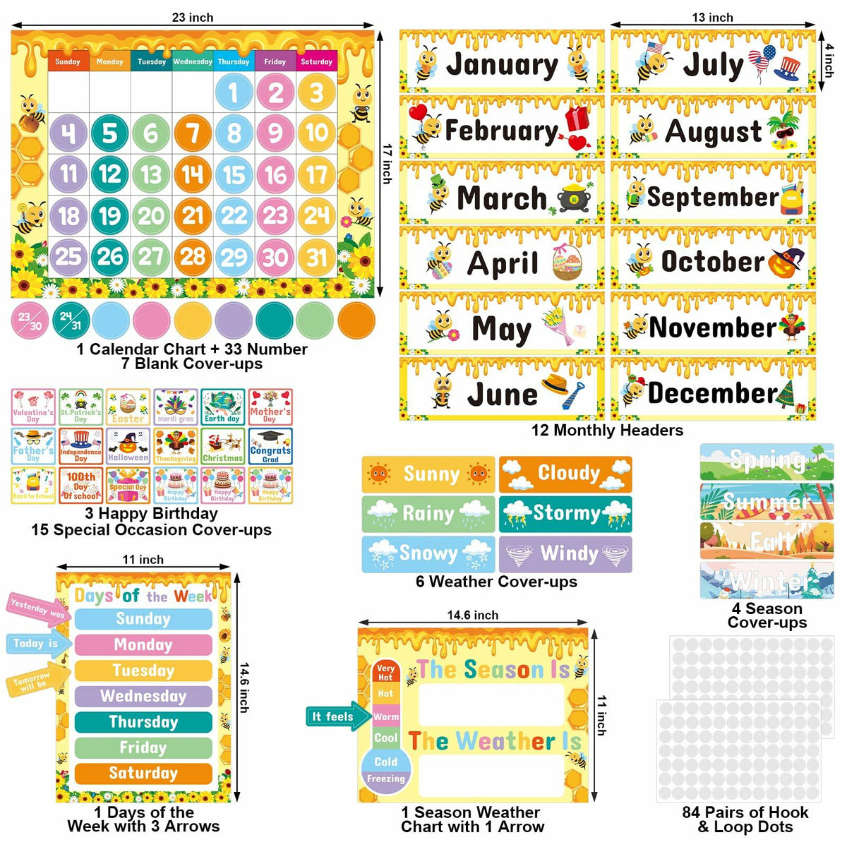 Bee Classroom Calendar Set Back to School Bulletin Board Decoration w/ Stickers