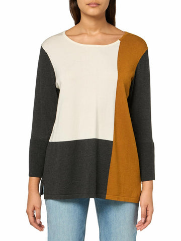 Three Quarters Sleeves Jewel Neck Color Block Sweater Top Multicolor Size L