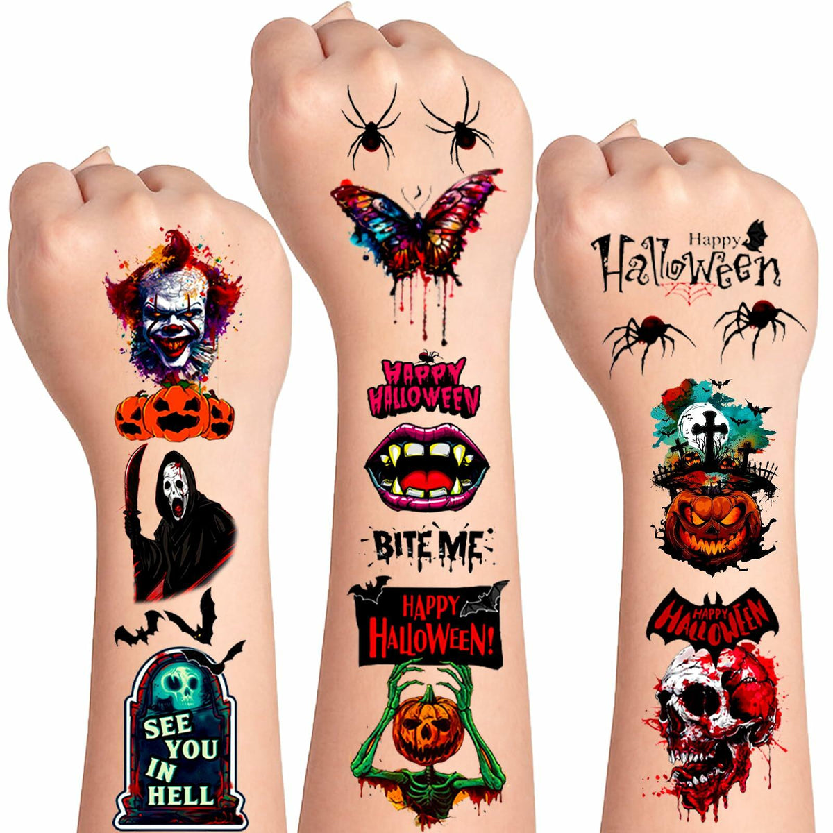 Halloween Temporary Tattoos 36 Sheets Scary Joker Pumpkin Skull Ghost Bats
