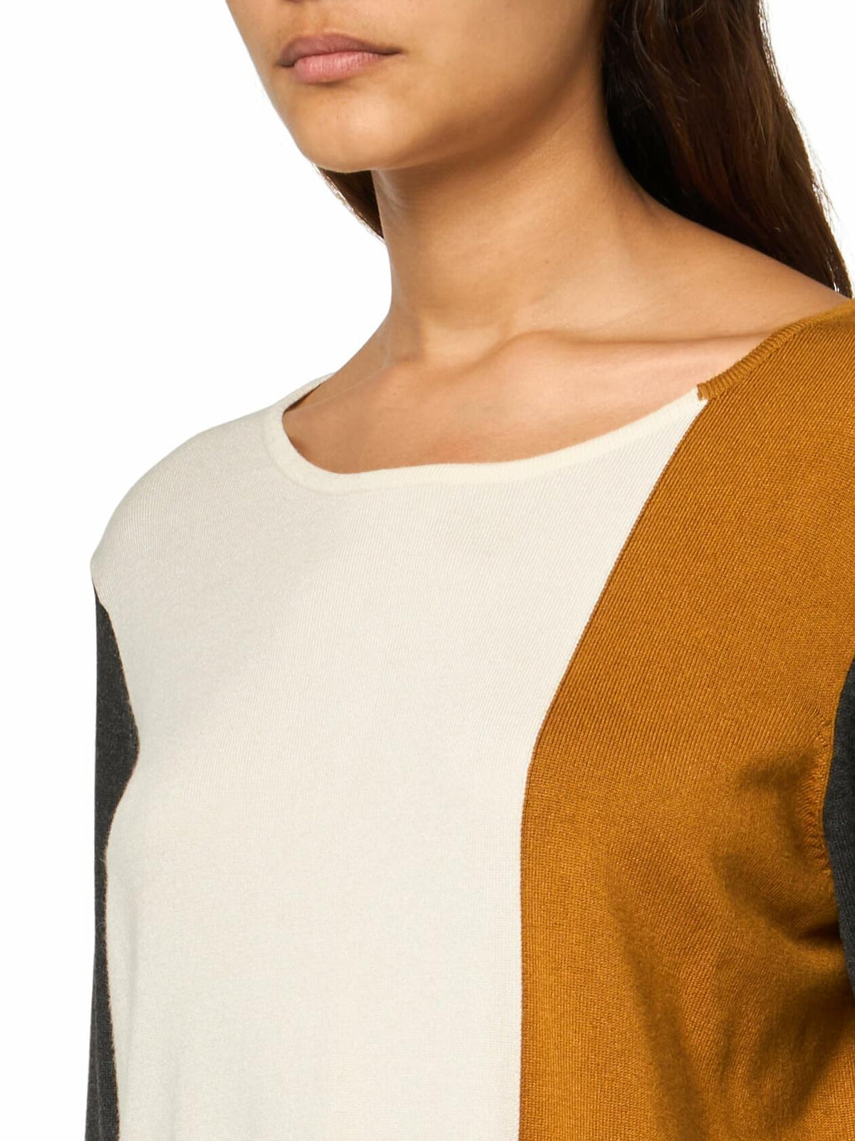 Three Quarters Sleeves Jewel Neck Color Block Sweater Top Multicolor Size L