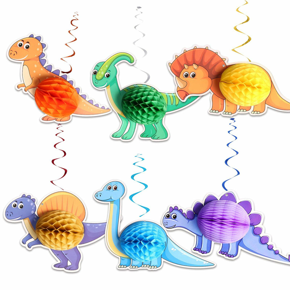 Qquetiee 6 Pcs Dinosaur Birthday Decorations Honeycomb Balls Hanging Swirls