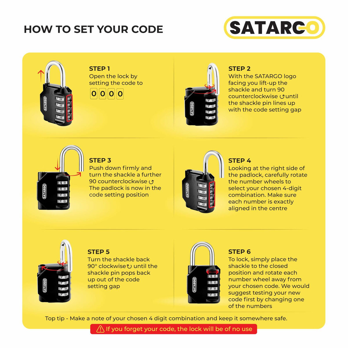 Satargo 4 Digit Combination Lock Cut Resistant Gym Padlock Yellow 2 Pack