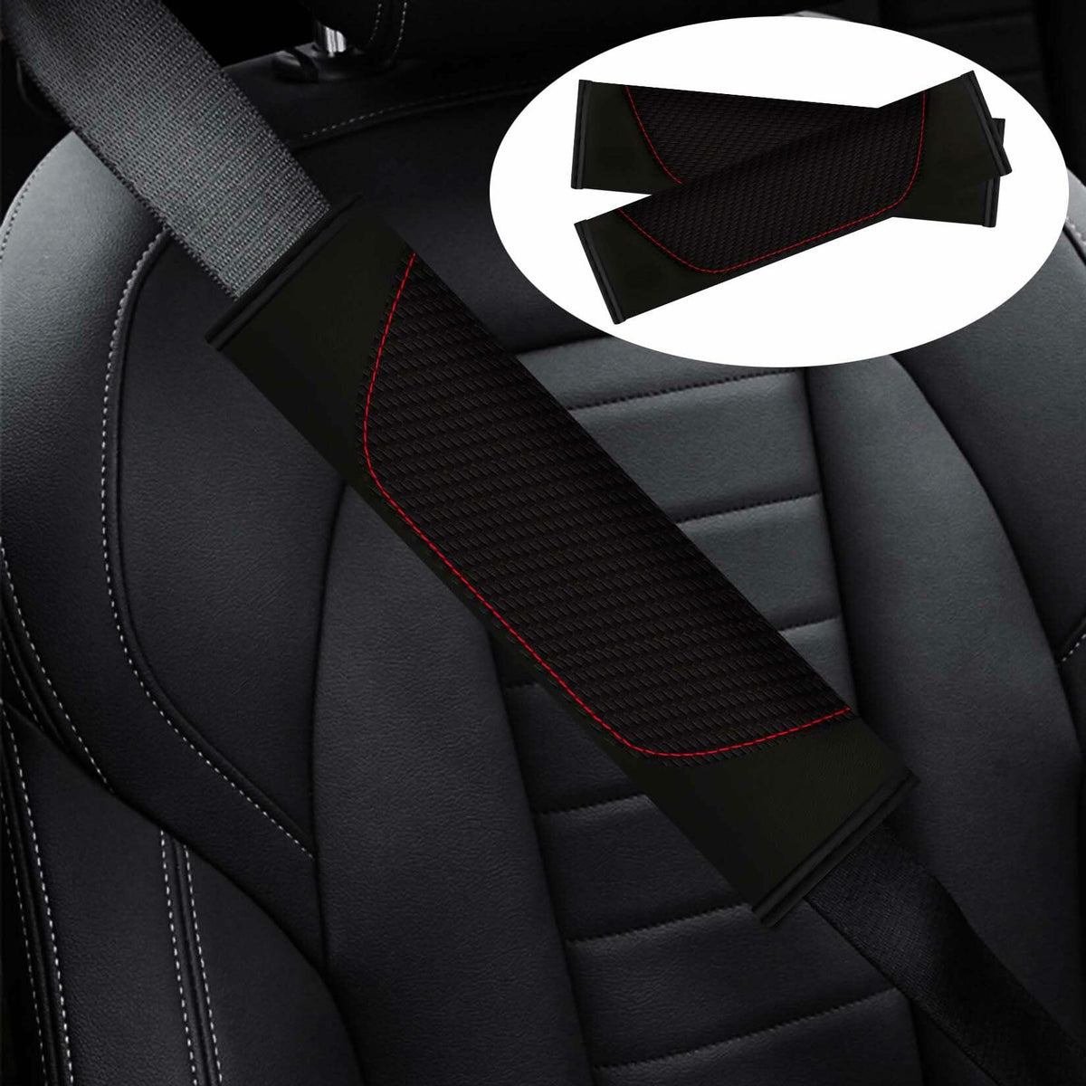 MVJAA Carbon Fiber Leather Seat Belt Covers, Thickening Pad, 2 Pack Black