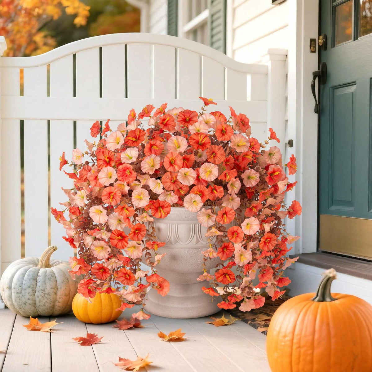 HyeFlora 2PCS Faux Fall Hanging Flowers Plants UV Resistant Orange+Light Orange