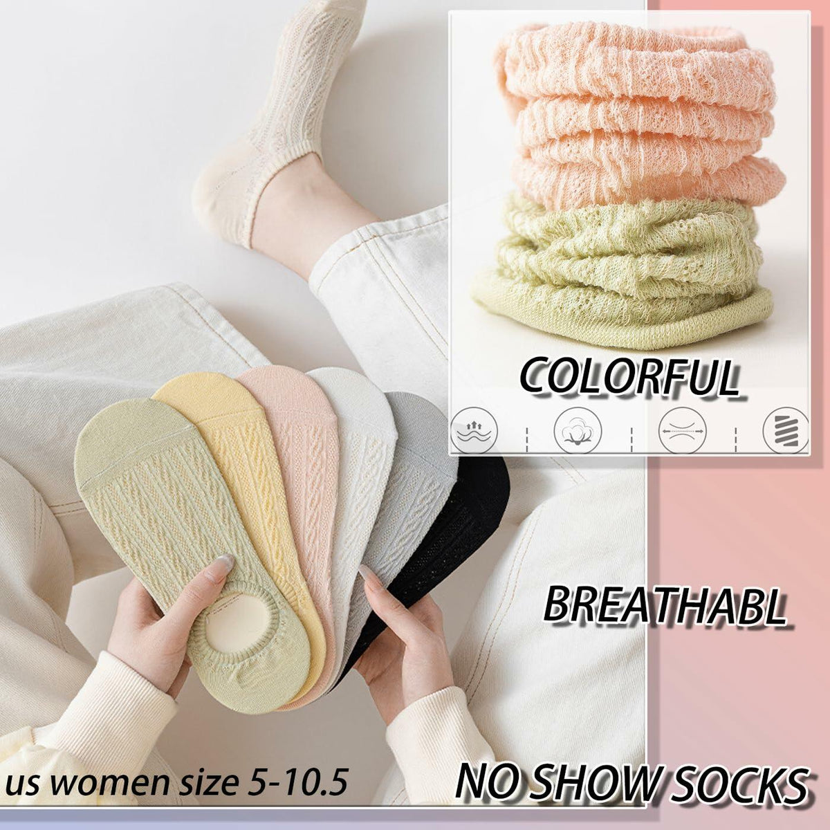 CHUNFO Womens No Show Socks Antislip Seamless Cushioned 5 Pairs Size 5.5-10