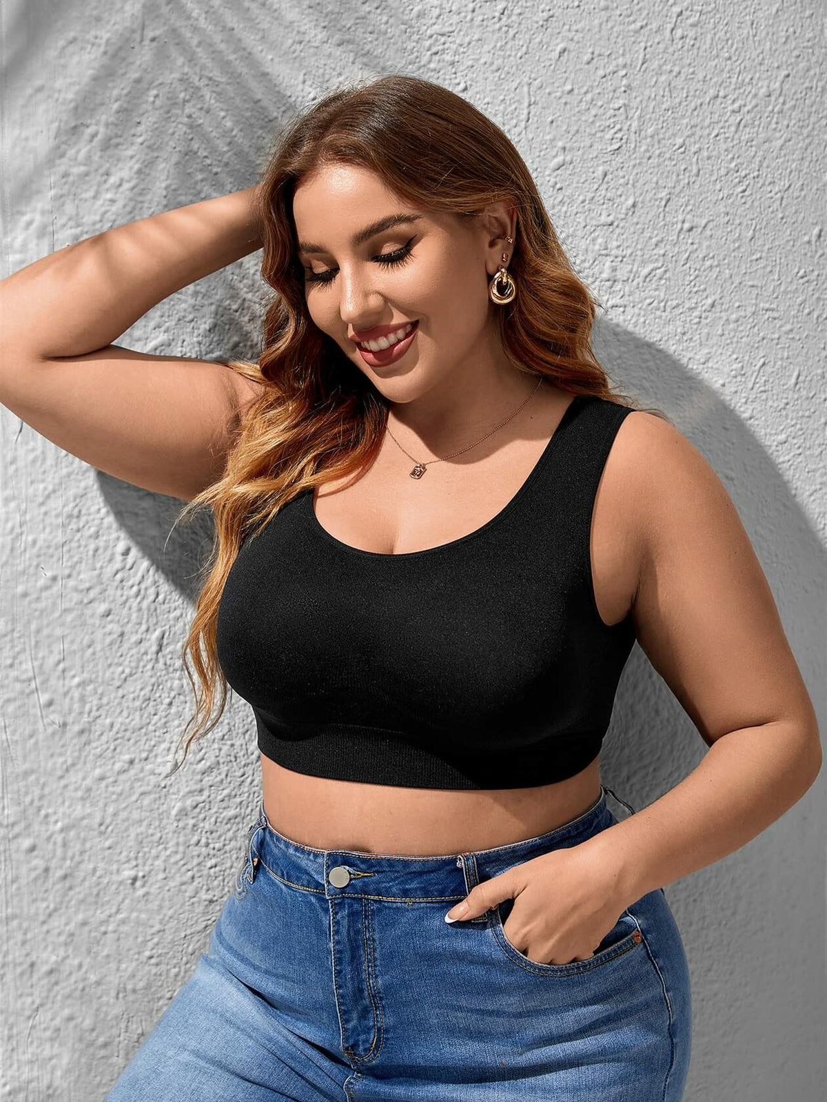 WDIRARA Women's Plus Size Bralette Scoop Neck Crop Cami Top Bra Blue 3XL