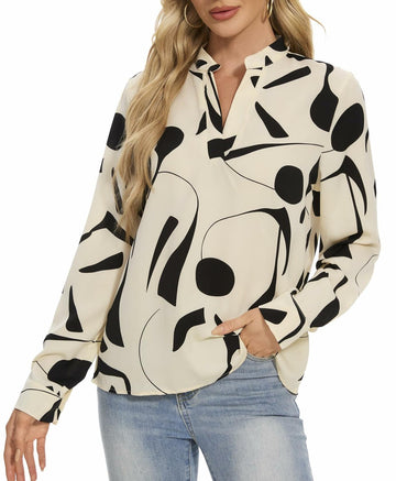 VIPONES Women V Neck Puff Sleeve Floral Blouse Lightweight 530-White Size M
