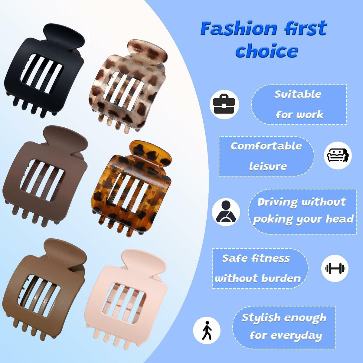 6Pcs Flat Square Leopard Hair Clips Large Claw Clips Non Slip Strong Hold
